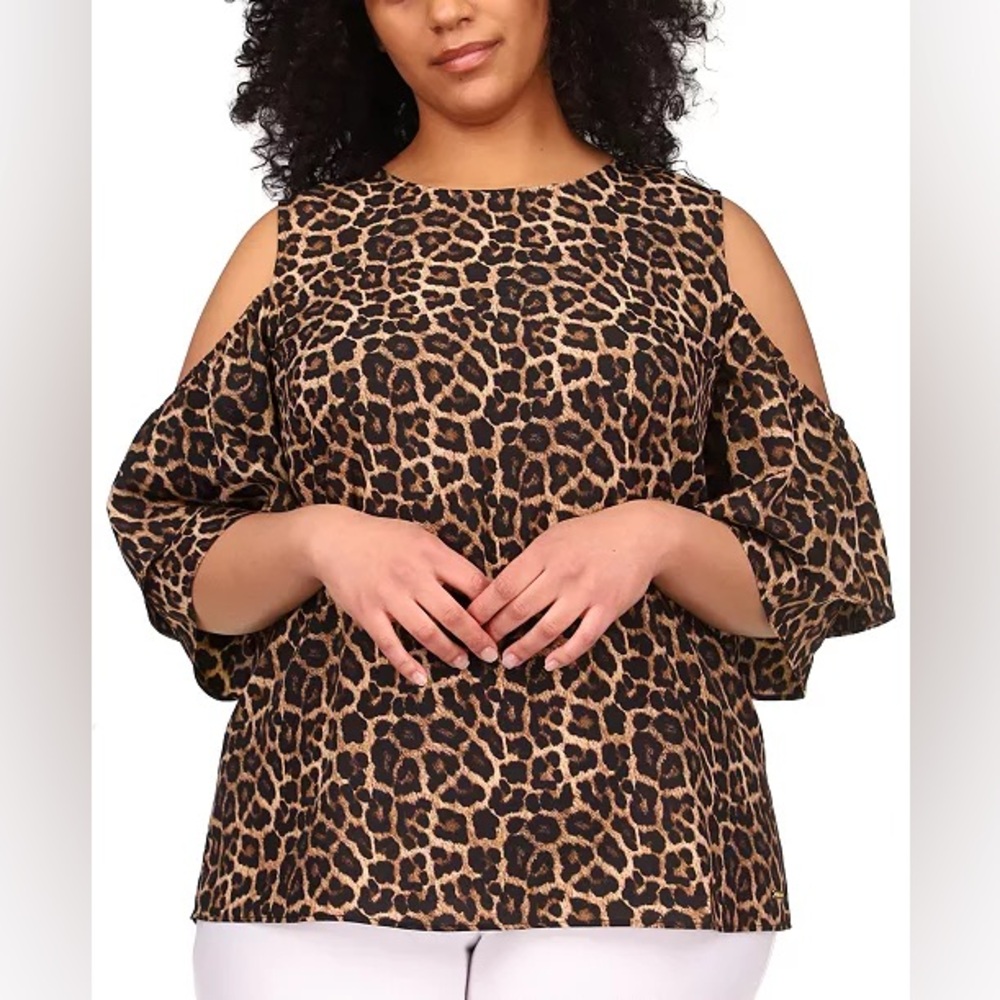 MICHAEL By Michael Kors Brown Leopard Print Cold Shoulder Blouse Size S